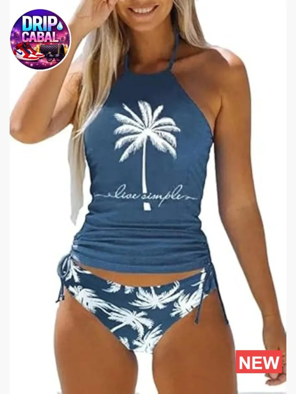 Women's Graphic Drawstring Halter Two Piece Tankini Set Swimwear Summer